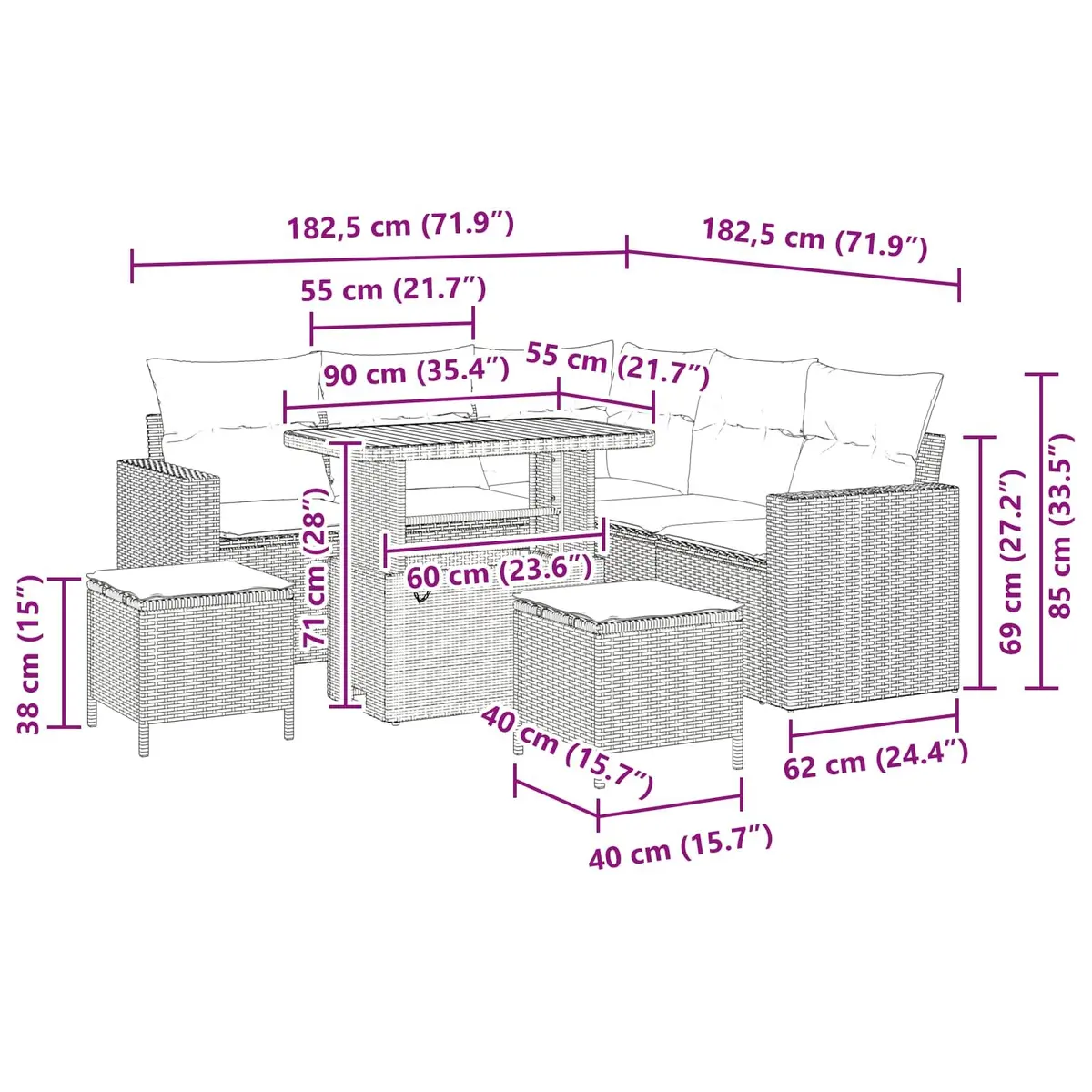 Garden Sofa Set Poly Rattan Steel Frame Height-Adjustable 8 Piece Black