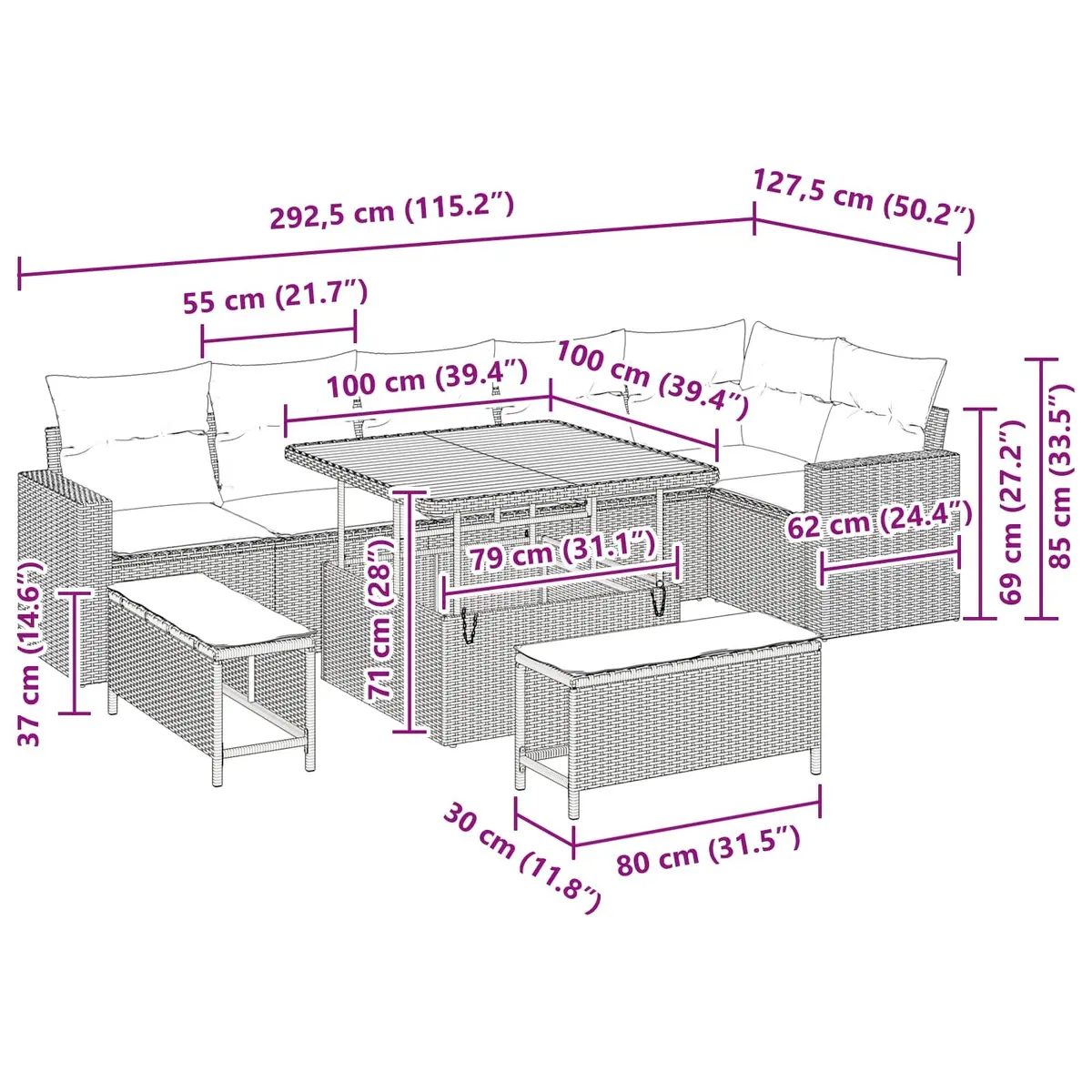 9 Piece Modular Garden Sofa Set with Adjustable Height