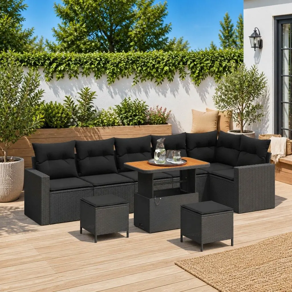 9-Piece Modular Garden Sofa Set Black Rattan
