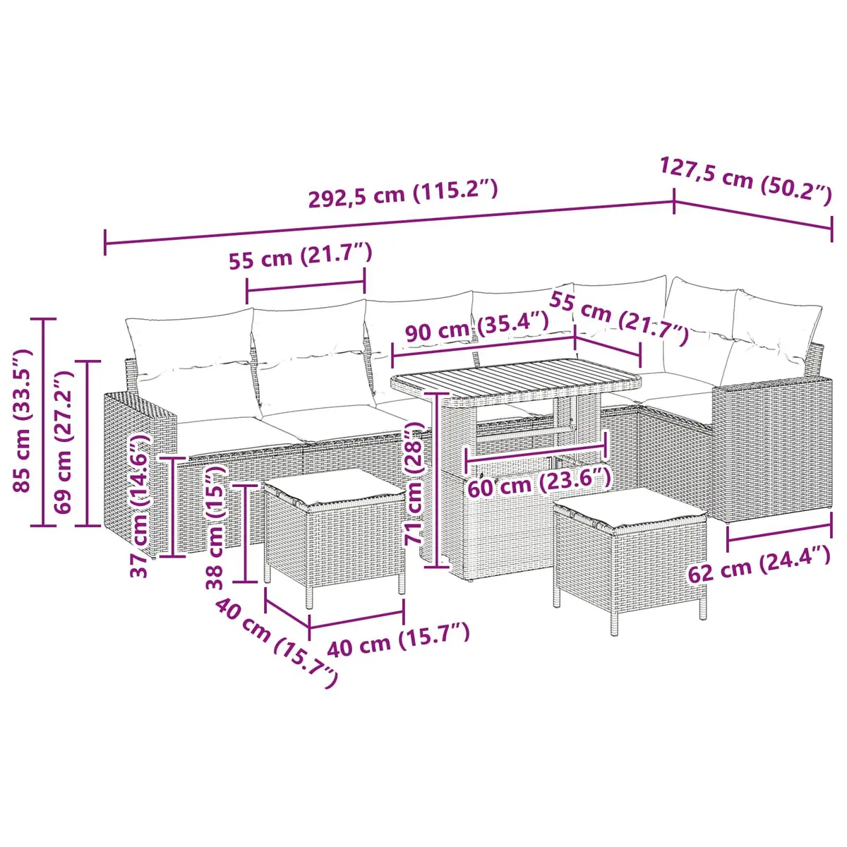 9-Piece Modular Garden Sofa Set Black Rattan