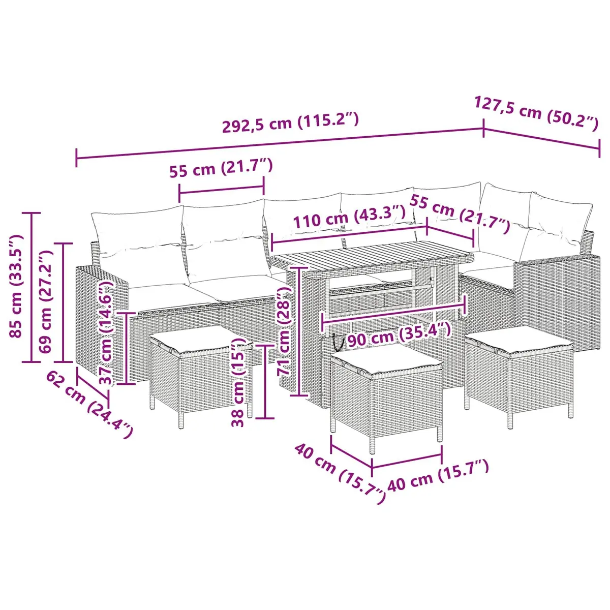 Garden Sofa Set Poly Rattan Height Adjustable Black 10 Piece