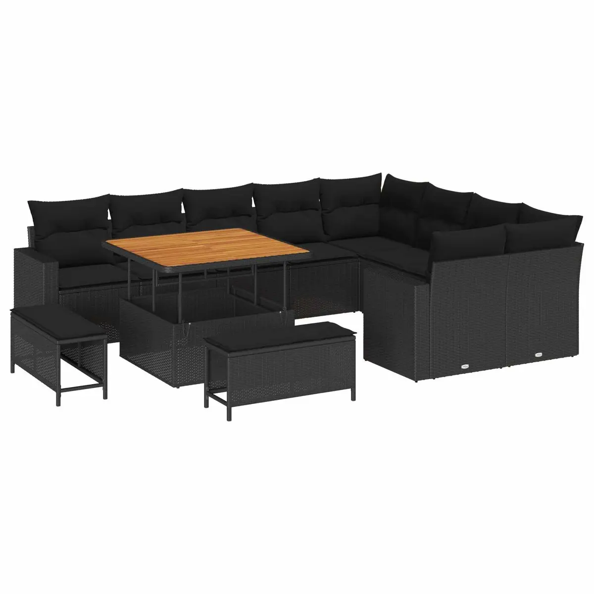 Outdoor Garden Sofa Set Poly Rattan Solid Acacia Wood Powder-Coated Steel Height-Adjustable Black 12 Piece