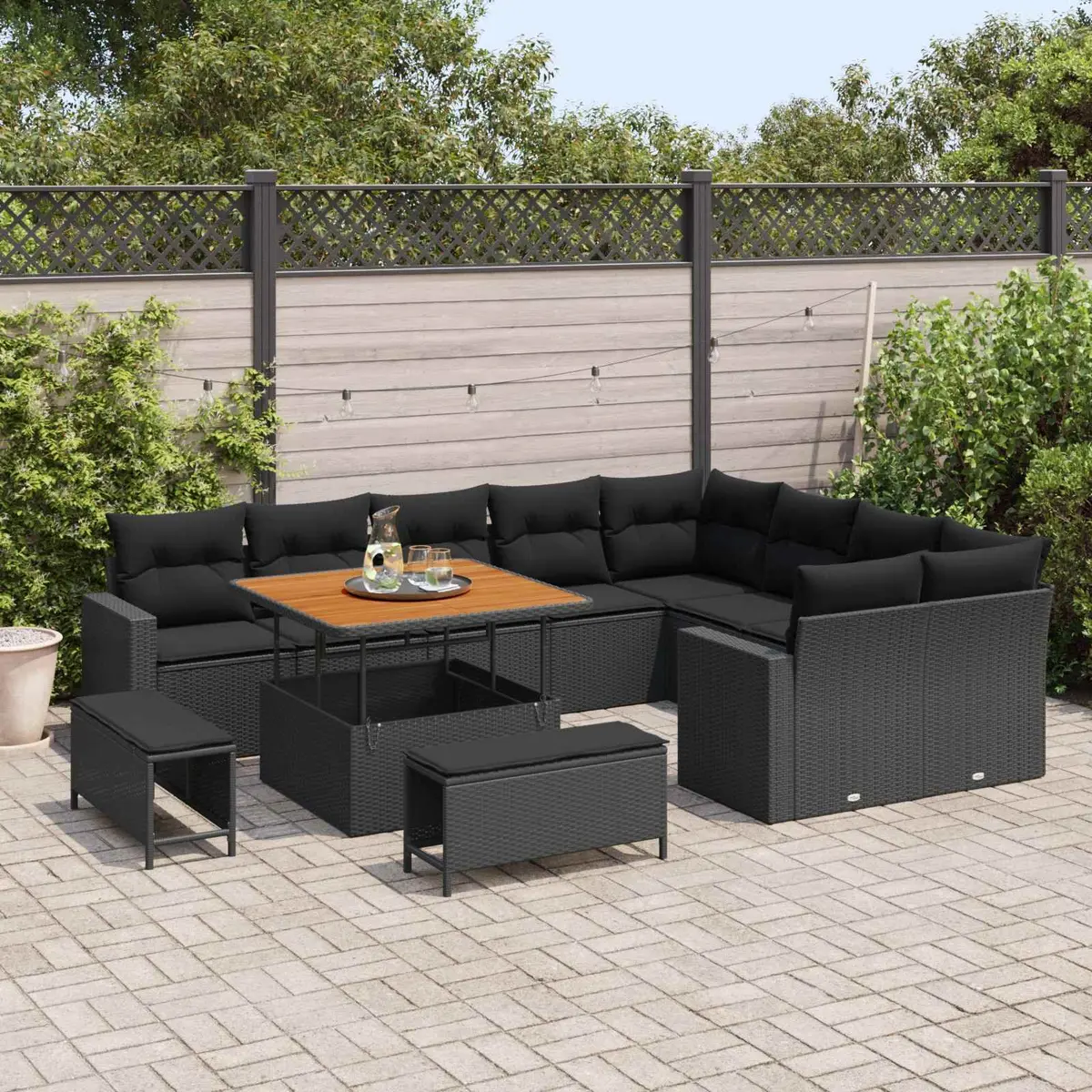 Outdoor Garden Sofa Set Poly Rattan Solid Acacia Wood Powder-Coated Steel Height-Adjustable Black 12 Piece