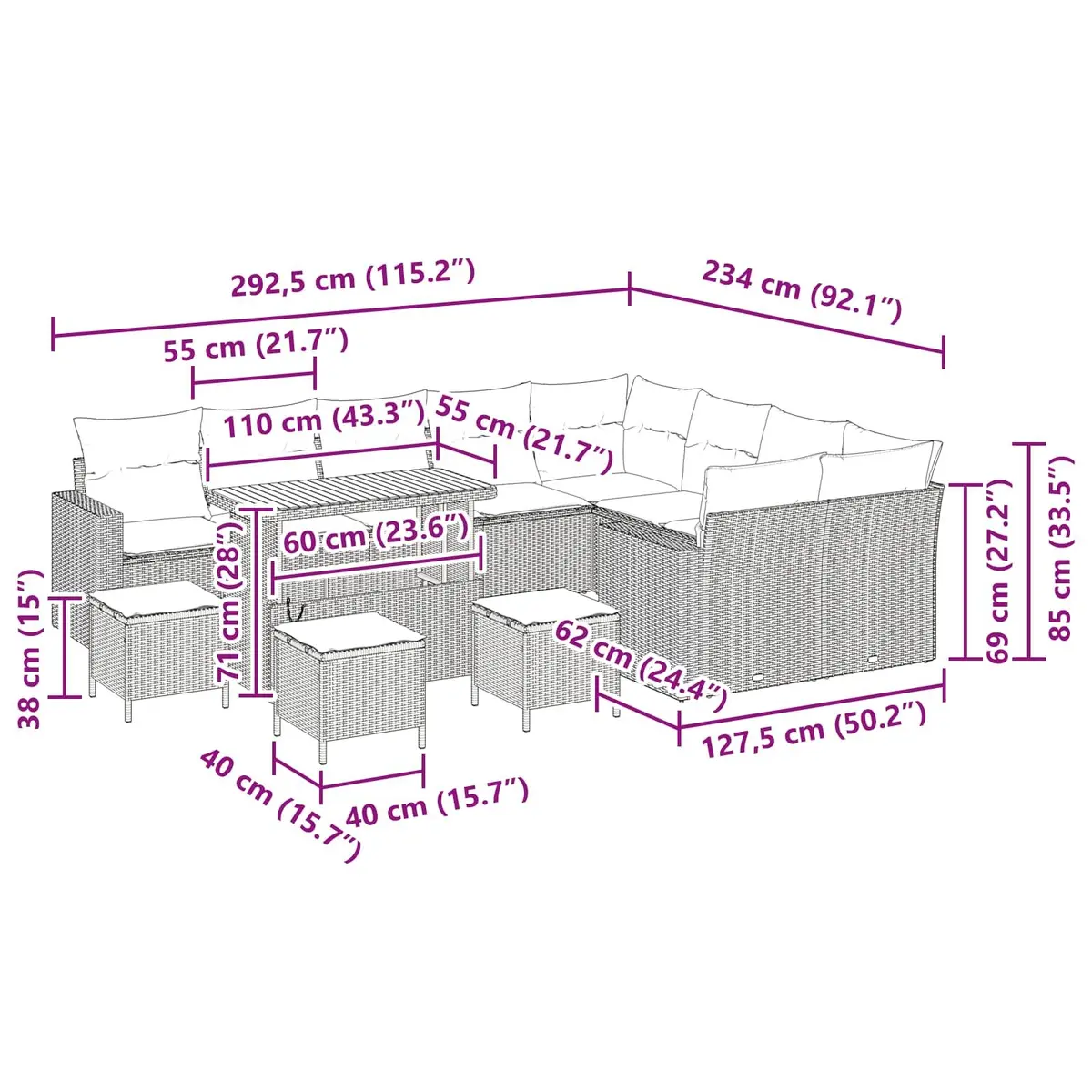 Height-Adjustable 13pc Outdoor Garden Sofa Set