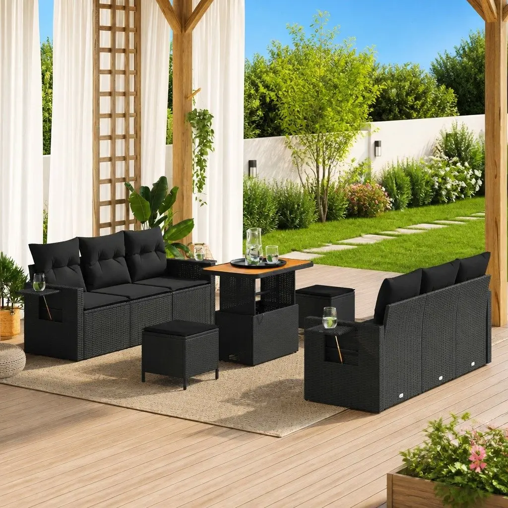 Black Modular 9 Piece Garden Sofa Set with Cushions