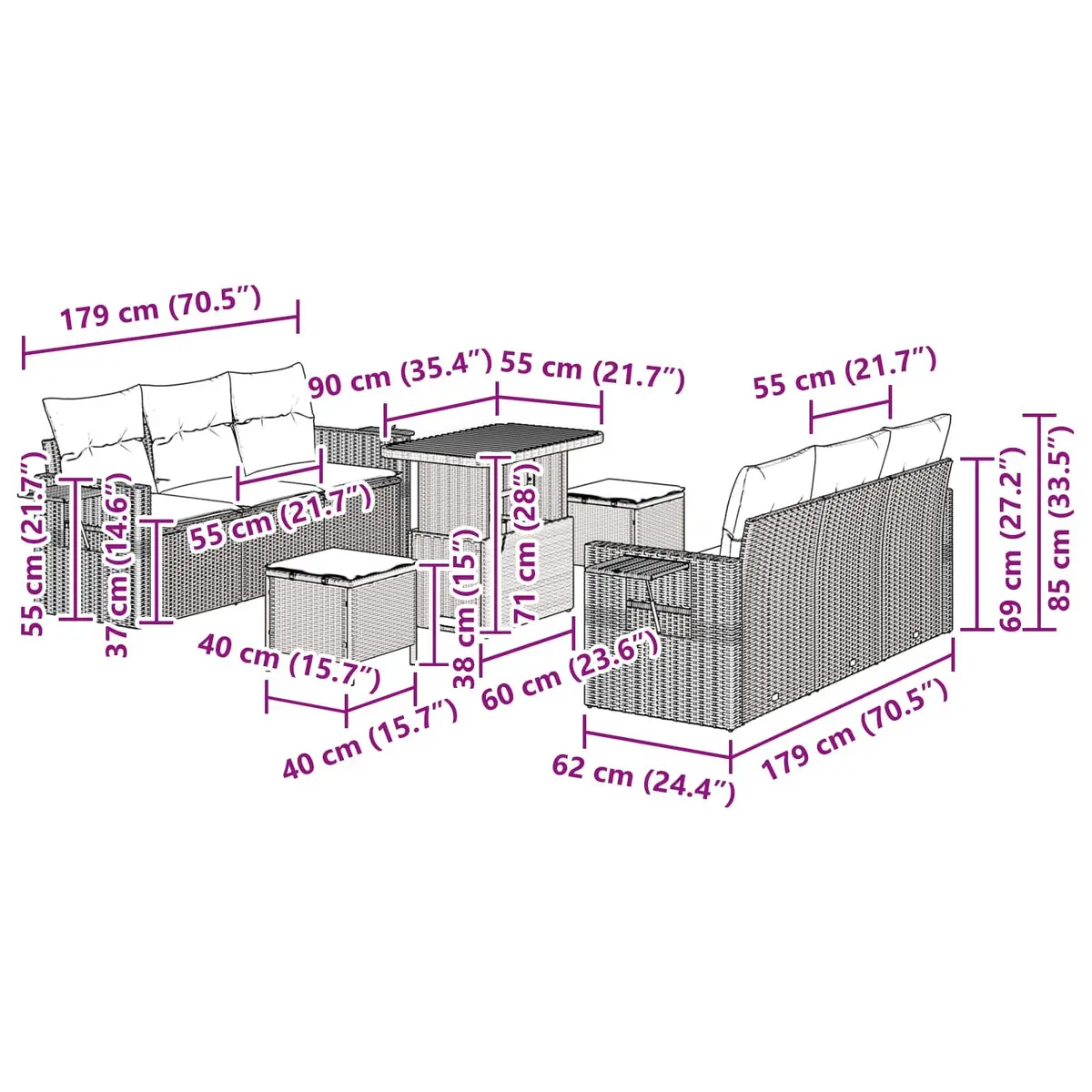Black Modular 9 Piece Garden Sofa Set with Cushions