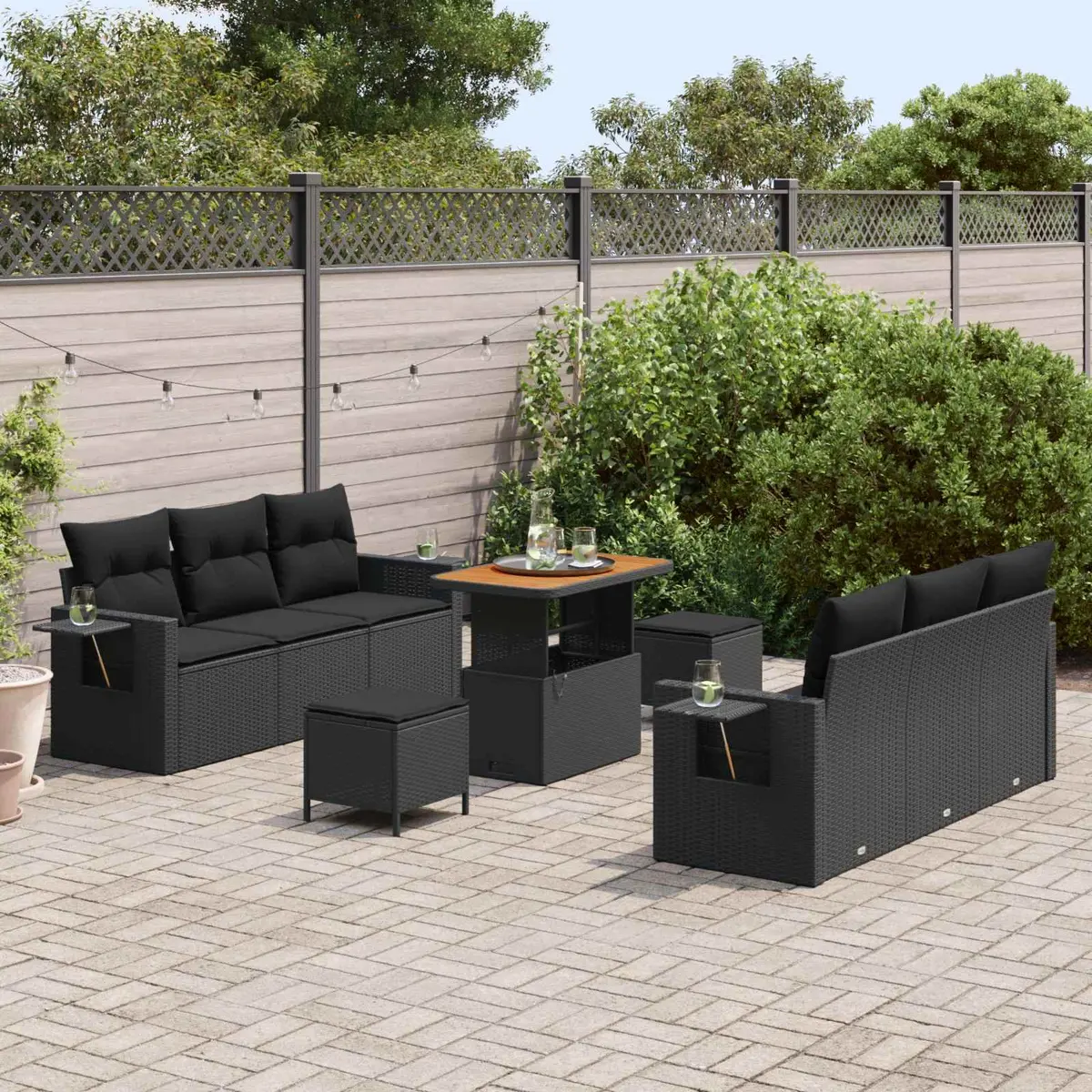 Black Modular 9 Piece Garden Sofa Set with Cushions