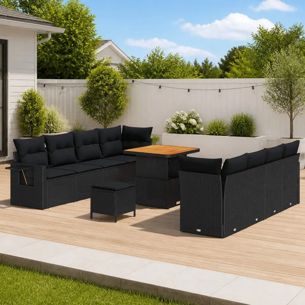 Garden Sofa Set 11 Pieces Modular Outdoor Furniture Black Poly Rattan with