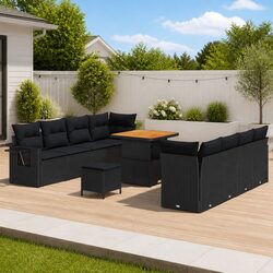 Modular 11-Piece Black Garden Sofa Set with Acacia Details