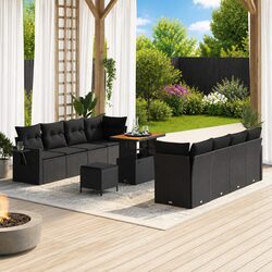 Modular 11-Piece Black Poly Rattan Garden Sofa Set