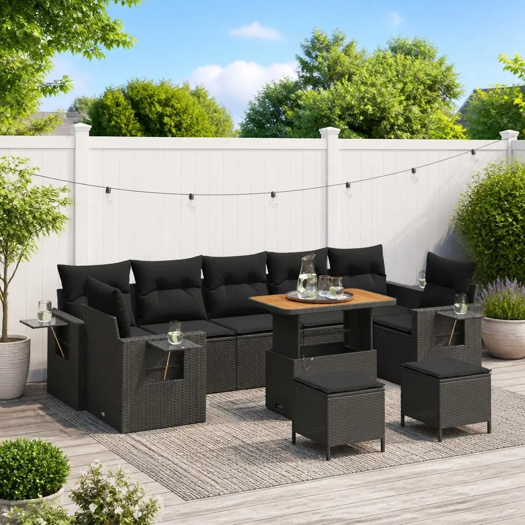 Modular Garden Sofa Set Height-Adjustable Table 10 Pieces Black Poly Rattan