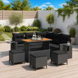 9-Piece Black Poly Rattan Modular Garden Sofa Set