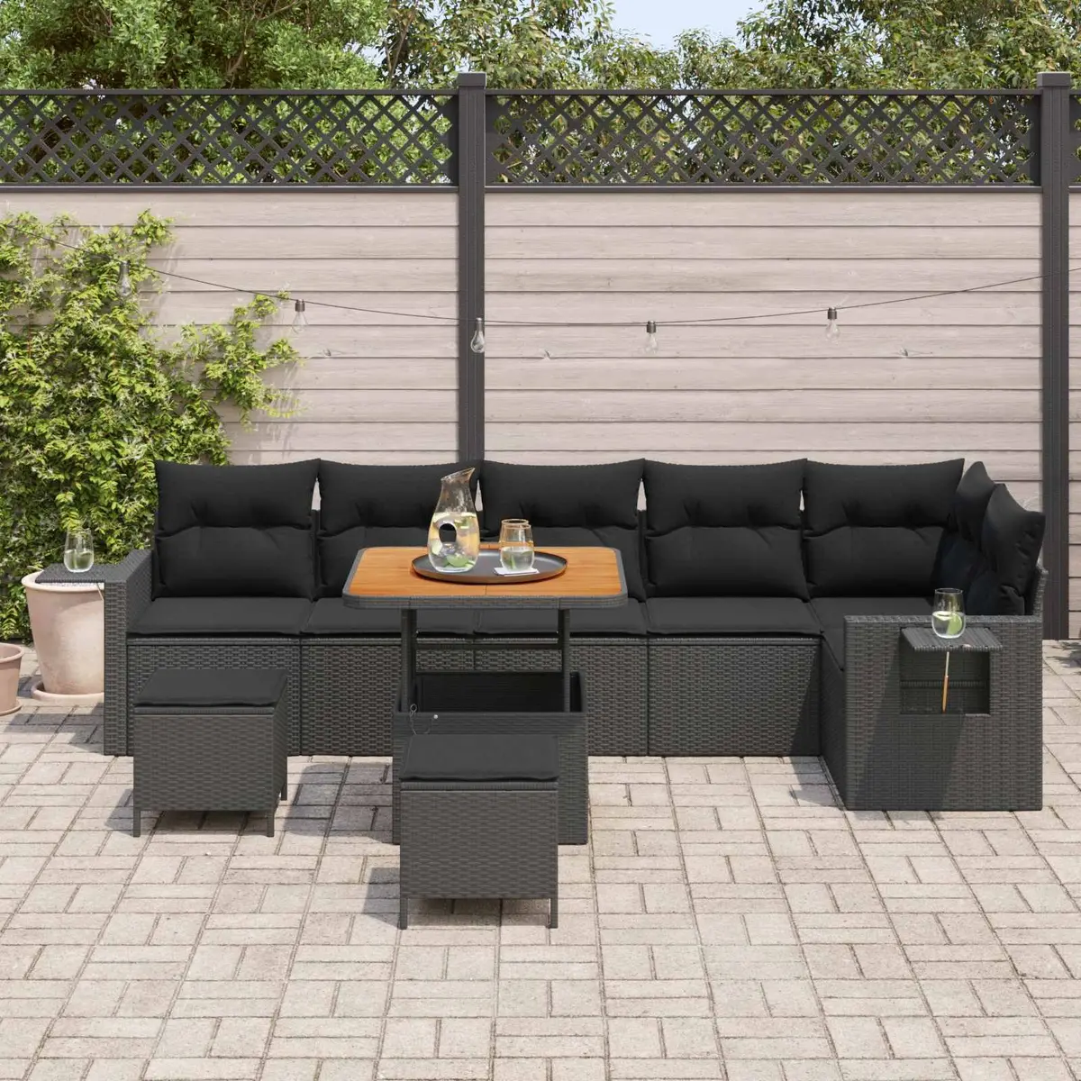 Garden Sofa Set 9 Piece Outdoor Furniture Height Adjustable Black Poly Rattan