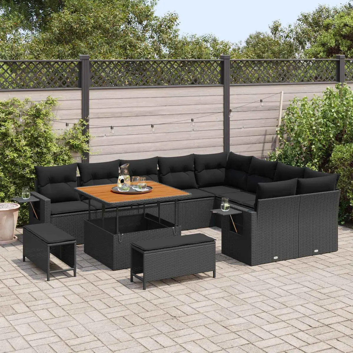 Black Garden Sofa Set Height-Adjustable 12 Pieces Poly Rattan Outdoor Furniture