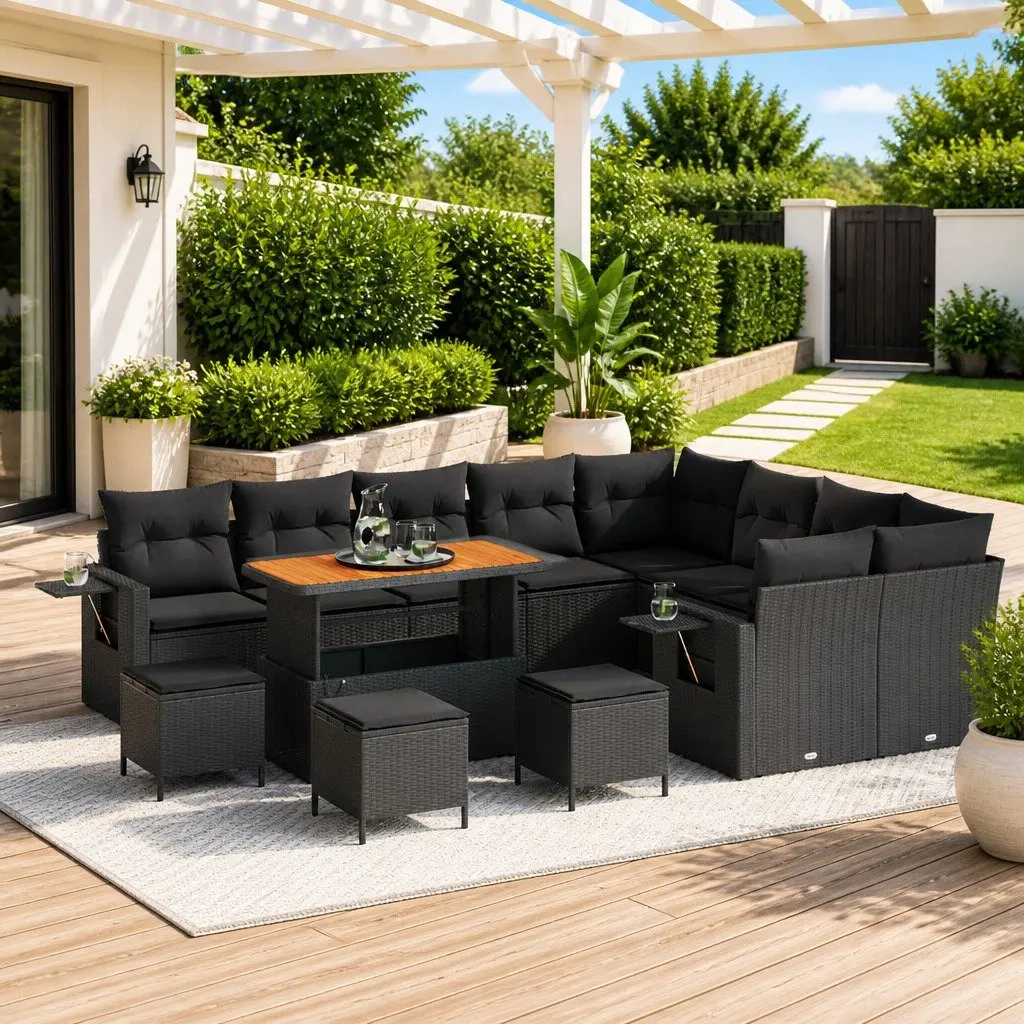 Black Poly Rattan 13-Piece Garden Sofa Set