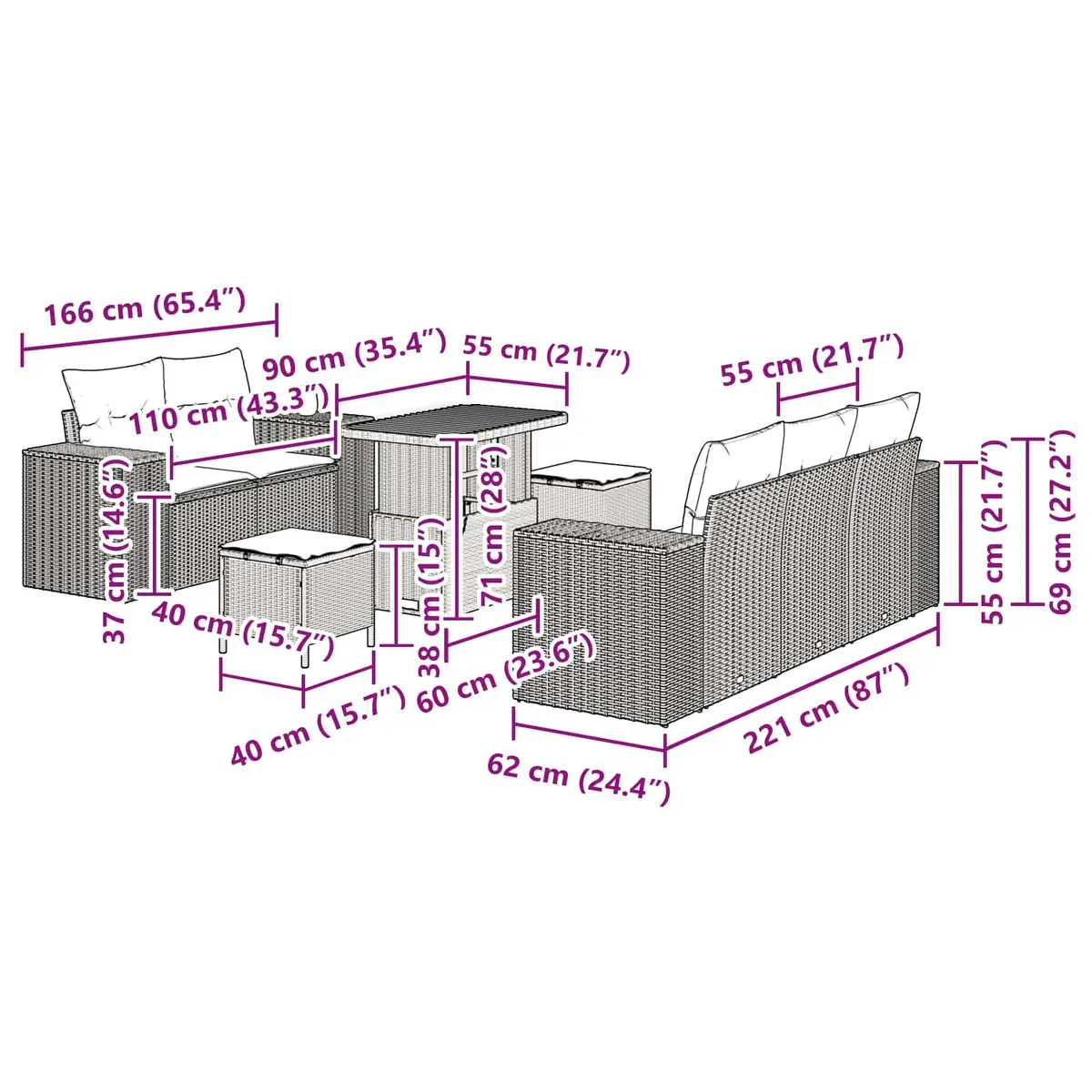 8-Piece Modular Black Garden Sofa Set with Adjustable Height