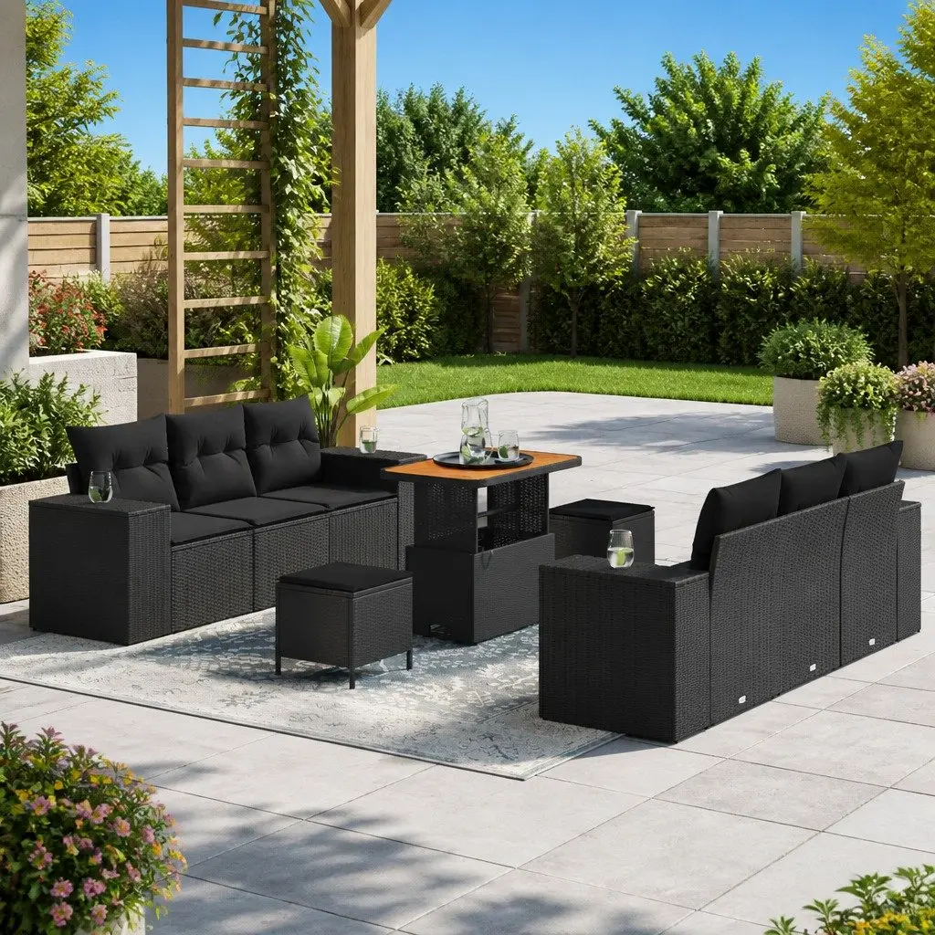 Modular Garden Sofa Set 9 Piece Black Rattan