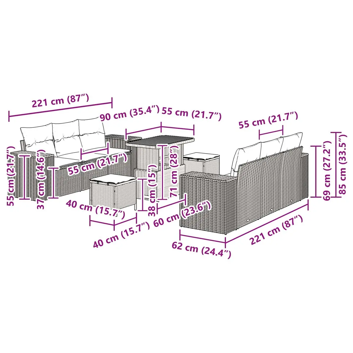 Modular Garden Sofa Set 9 Piece Black Rattan