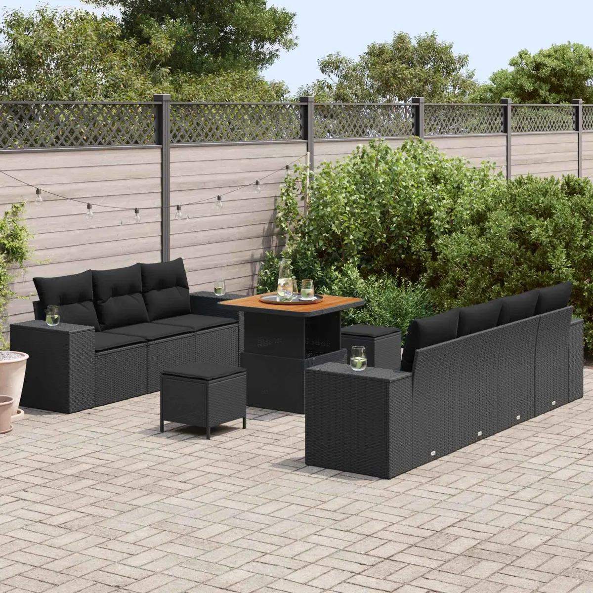 Modular Garden Sofa Set Poly Rattan Solid Acacia Wood Height Adjustable 10 Piece Black Outdoor Furniture