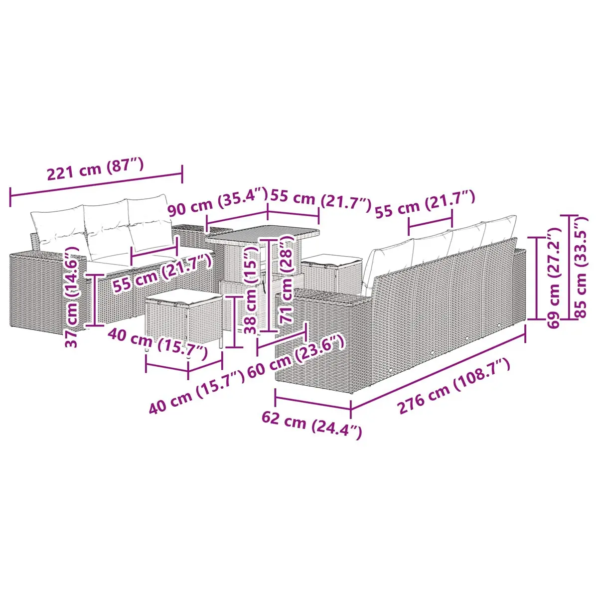 Black Modular Garden Sofa Set with Adjustable Height