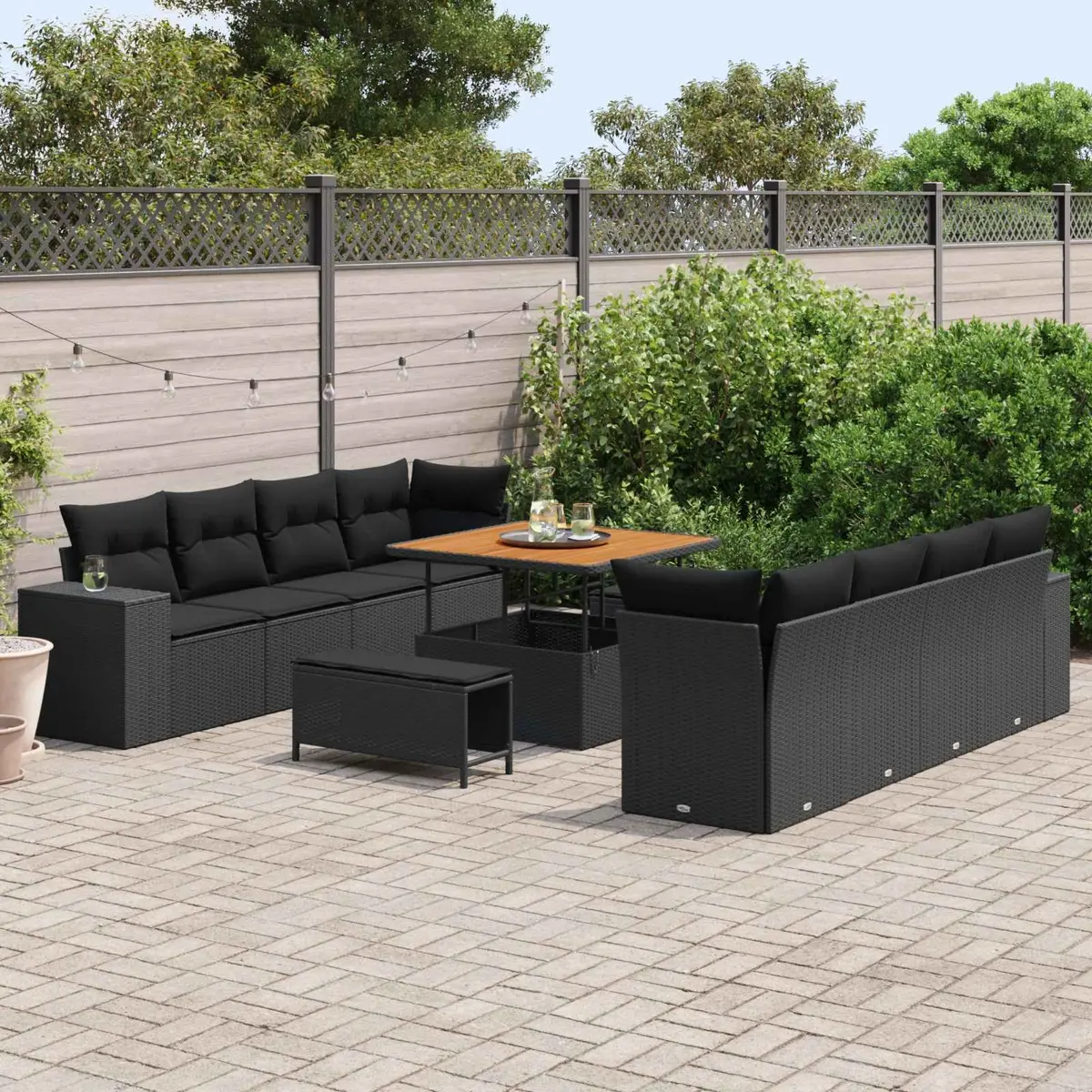 11-Piece Black Poly Rattan Garden Sofa Set