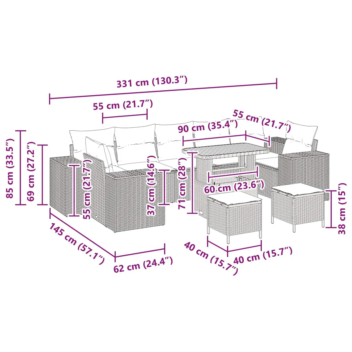 10-Piece Modular Garden Sofa Set for Outdoor Use