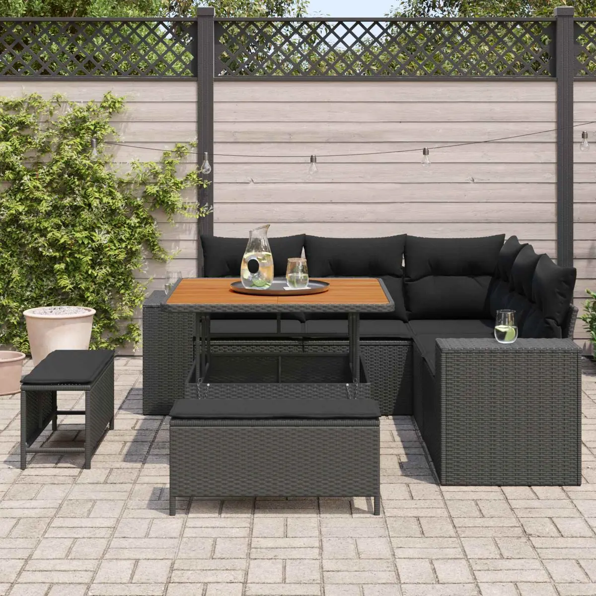 8-Piece Black Poly Rattan Garden Sofa Set