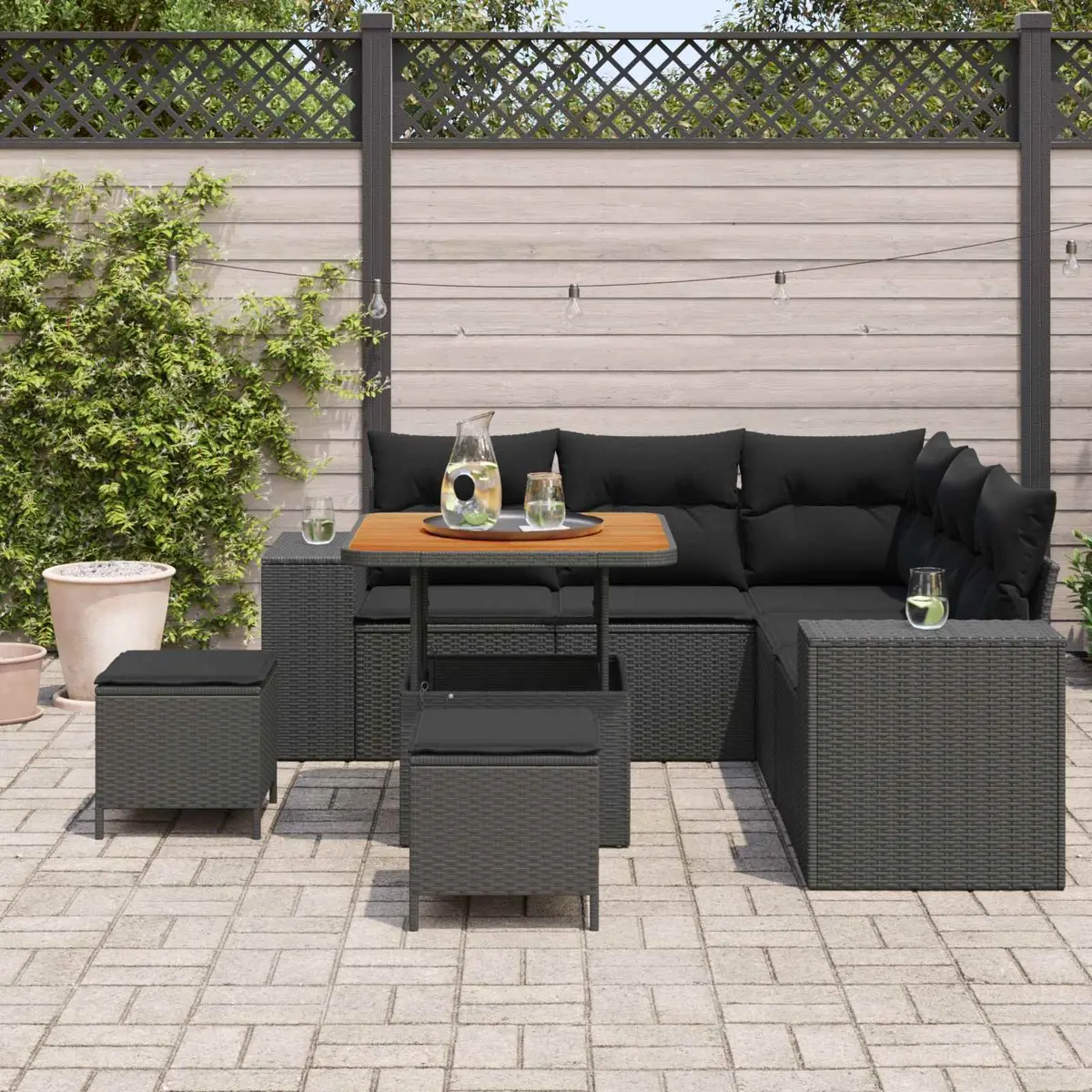 8 Piece Modular Black Poly Rattan Garden Sofa Set