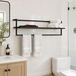 Black Iron Towel Rack with Shelf for Bathroom Storage