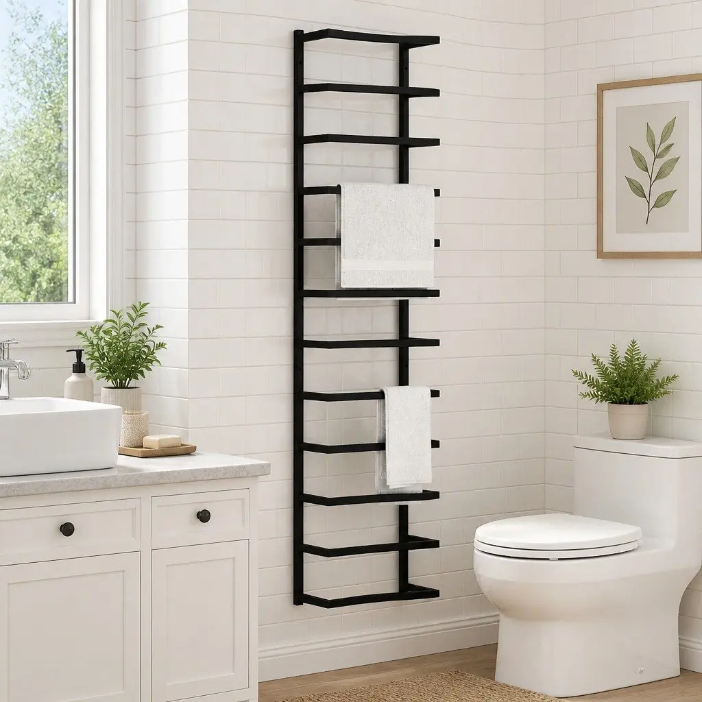 Black Steel Wall-Mounted Towel Rack 24x12x96cm
