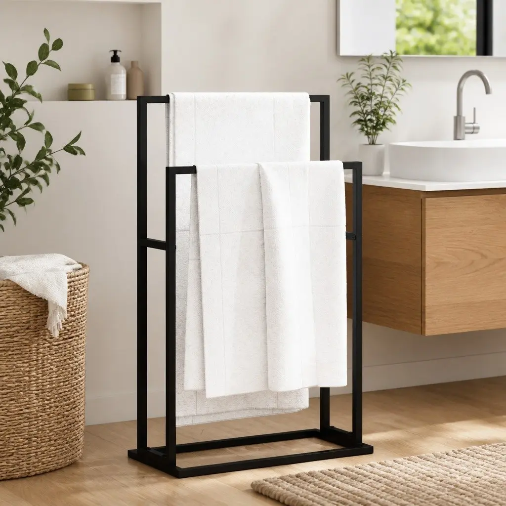 2 Tier Freestanding Towel Rack in Black Iron