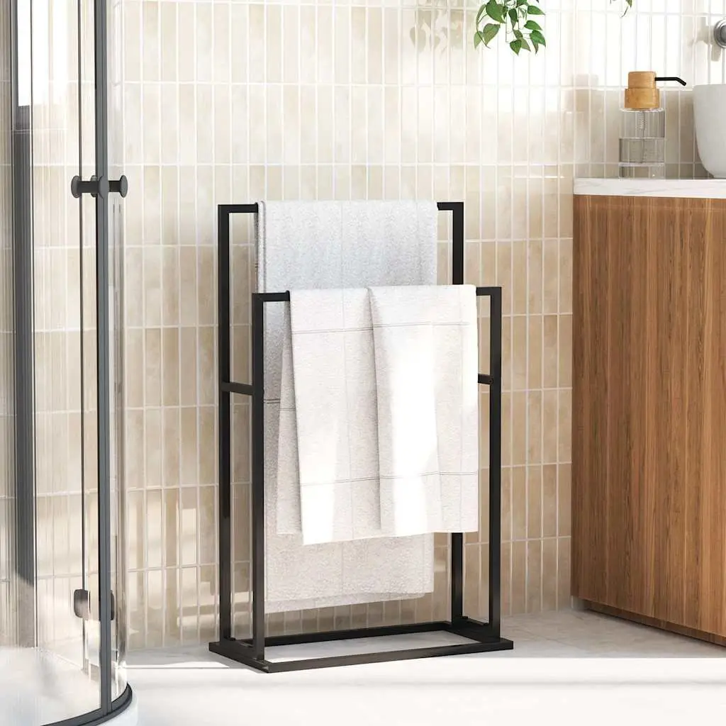 Towel Rack Iron 2 Tier Black Freestanding Bathroom Storage Holder Stand