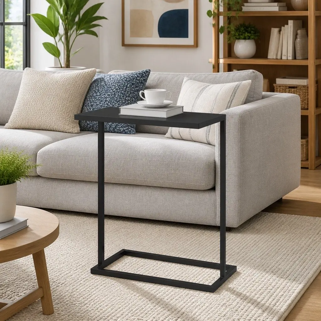 C-Shaped Black Accent Side Table for Living Spaces