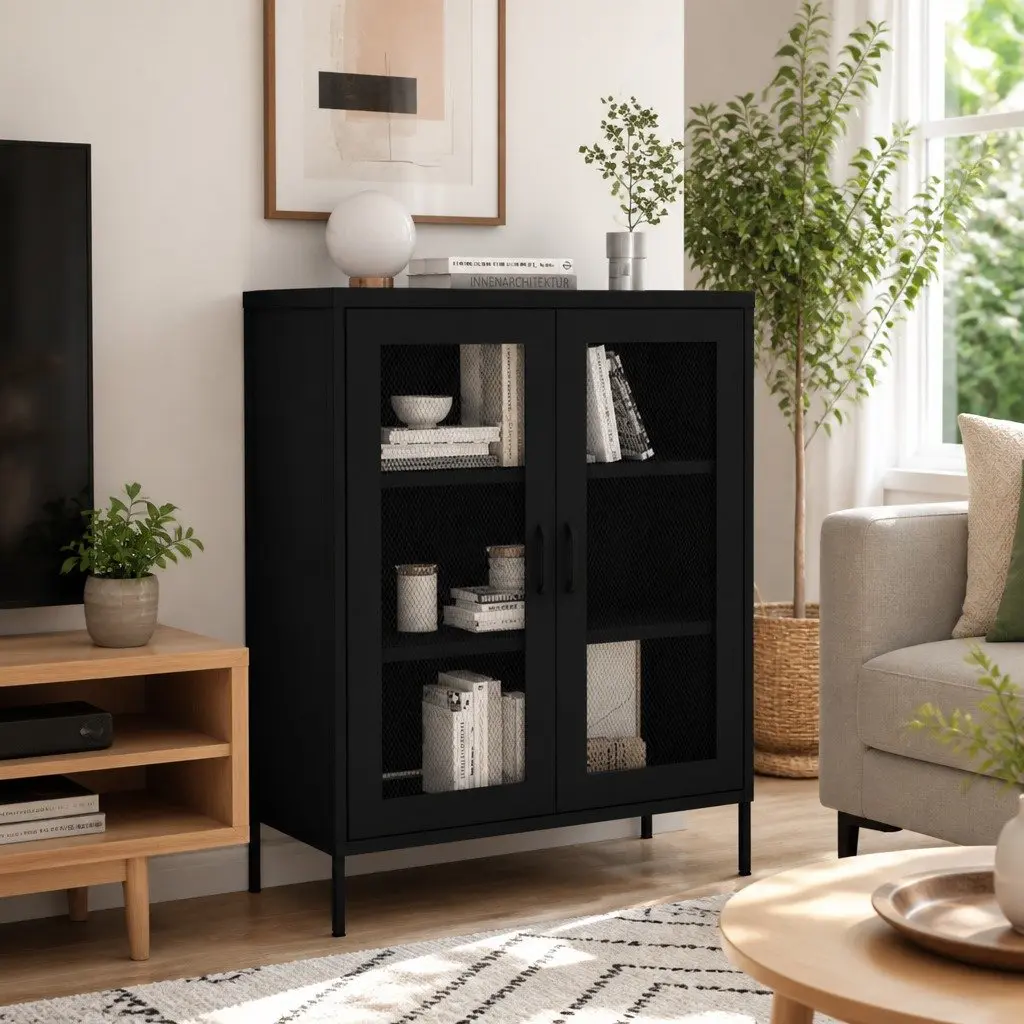 Black Storage Cabinet with Adjustable Shelves