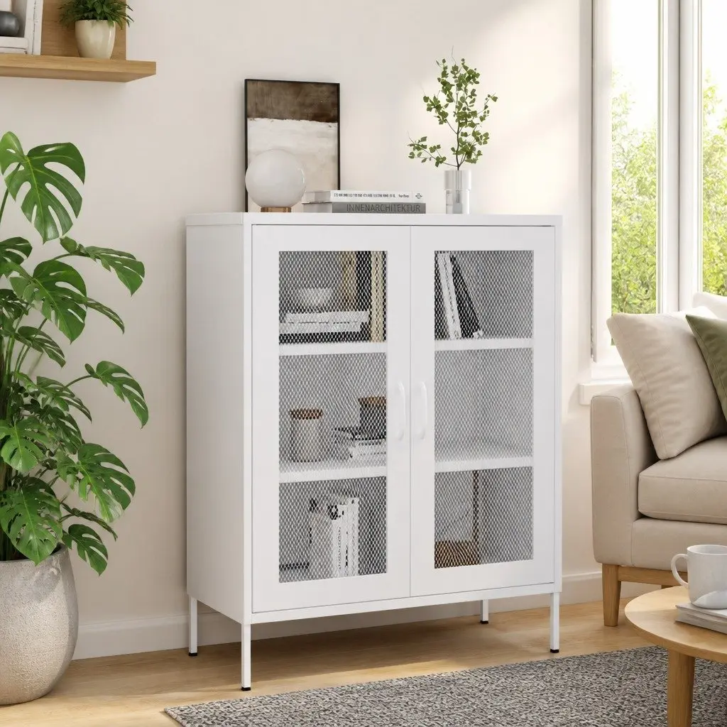 Storage Cabinet Steel Frame 80W x 35D x 101.5H cm White 2 Mesh Doors Adjustable Shelves