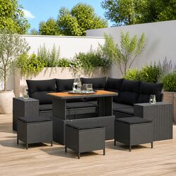 9-Piece Black Poly Rattan Garden Sofa Set with Cushions