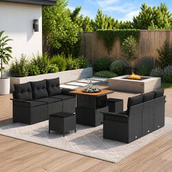 Durable 9-Piece Black Poly Rattan Garden Sofa Set