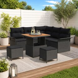 Black Poly Rattan Garden Sofa Set with Cushions - 8 Pieces
