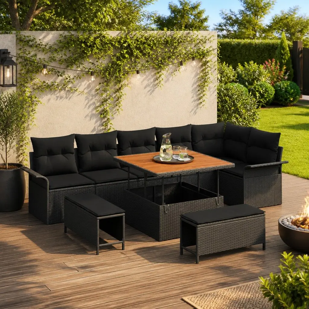 Modular Black Poly Rattan Garden Sofa Set 9 pcs