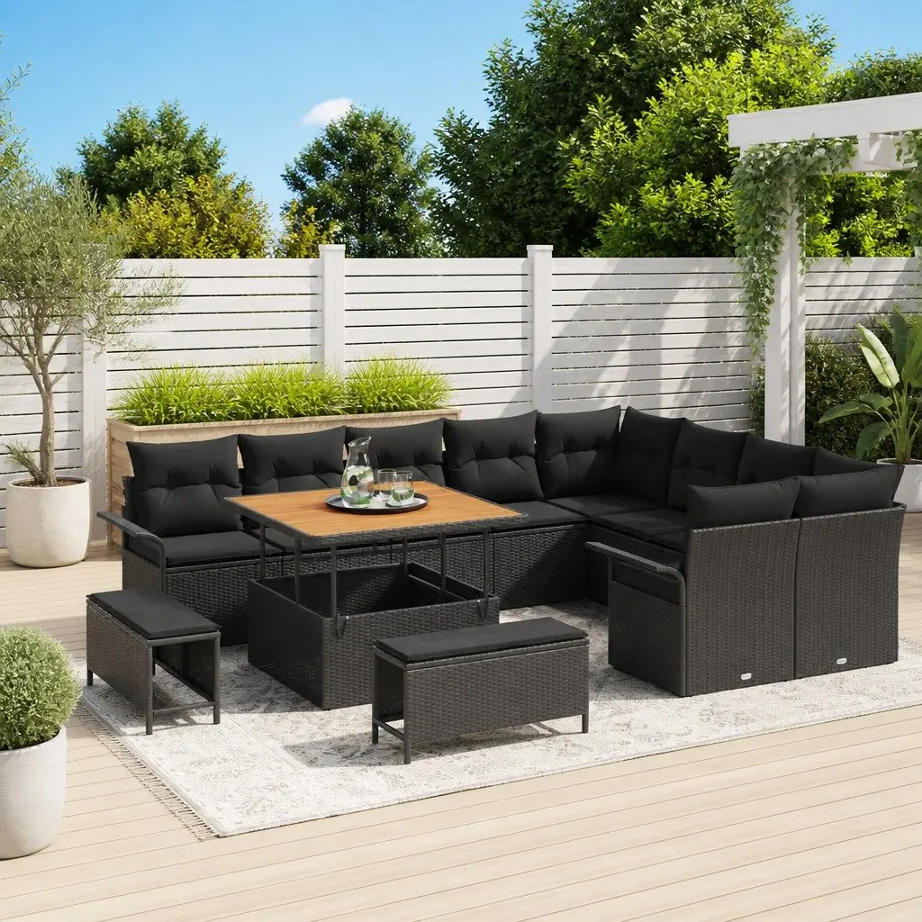 Modular Outdoor Garden Sofa Set Poly Rattan Black 12 Piece with Cushions