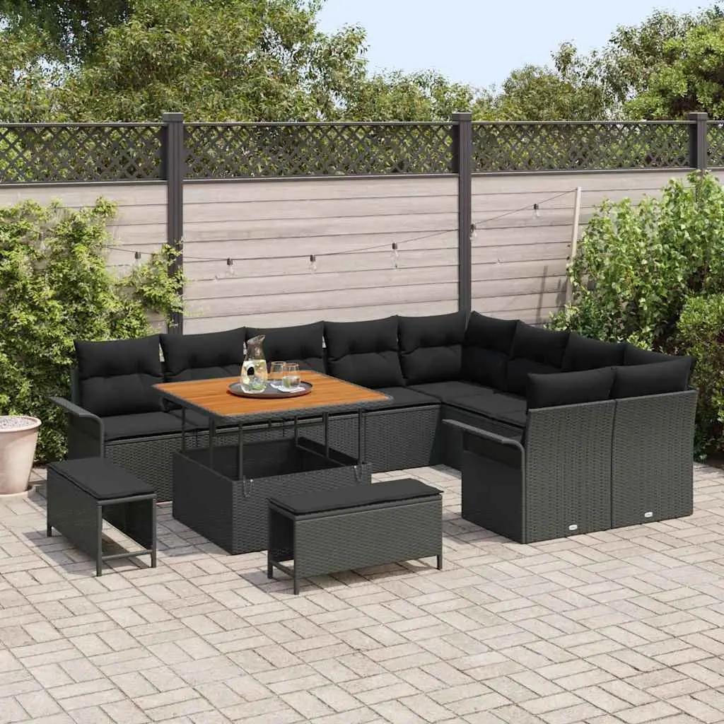 Modular Outdoor Garden Sofa Set Poly Rattan Black 12 Piece with Cushions