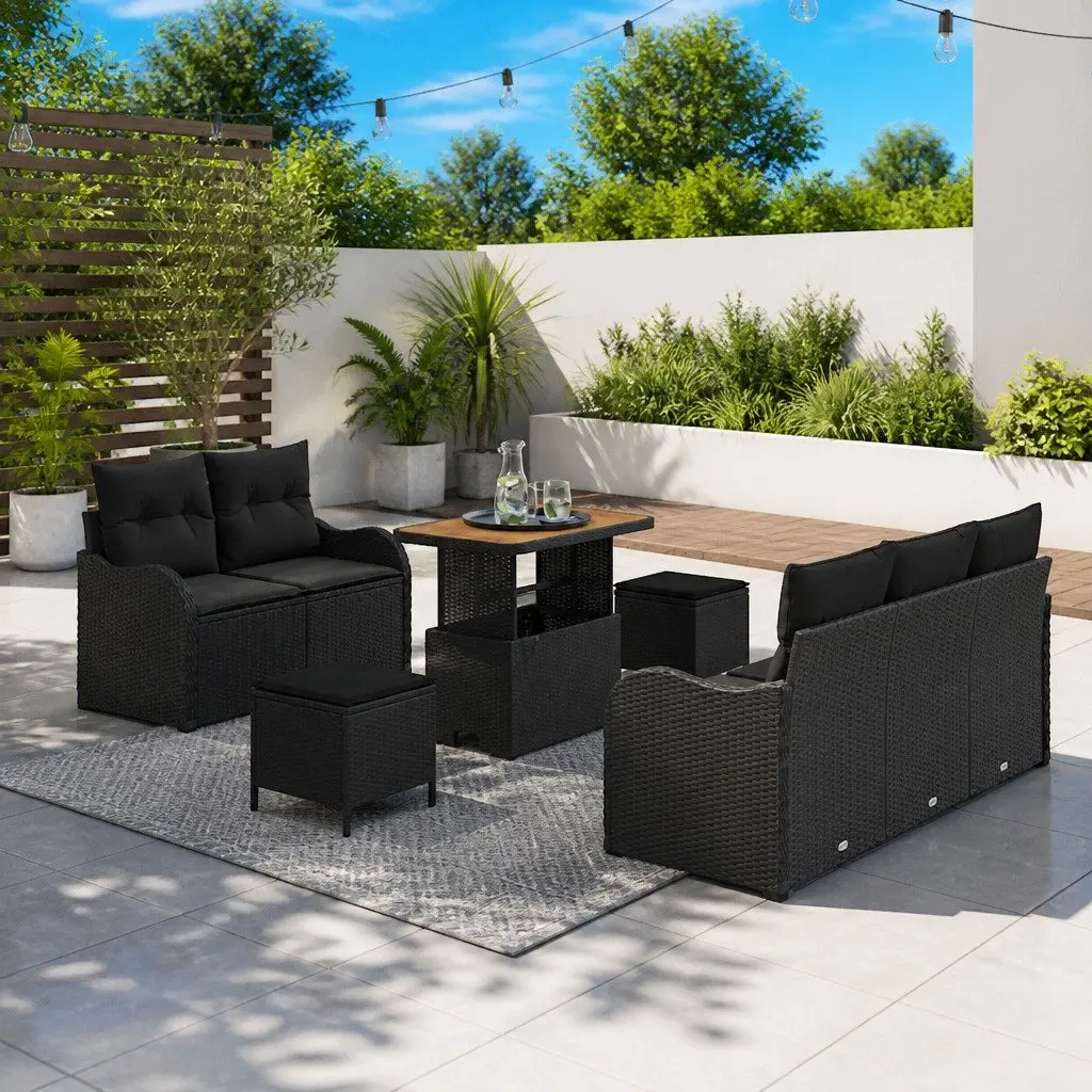 Outdoor Sofa Set 8 Pieces Poly Rattan Solid Acacia Wood Black