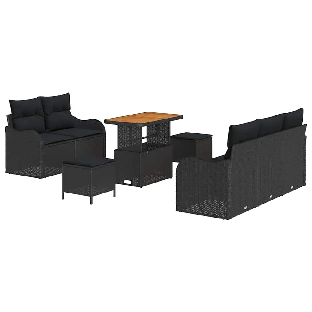 Outdoor Sofa Set 8 Pieces Poly Rattan Solid Acacia Wood Black