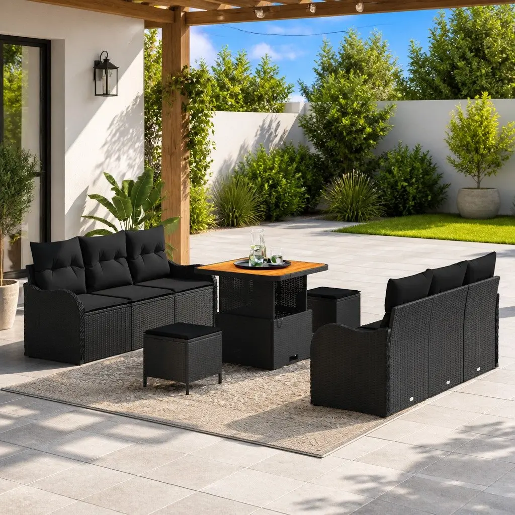 9-Piece Black Poly Rattan Garden Sofa Set with Acacia Wood
