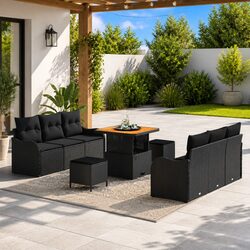 9-Piece Black Poly Rattan Garden Sofa Set with Acacia Wood