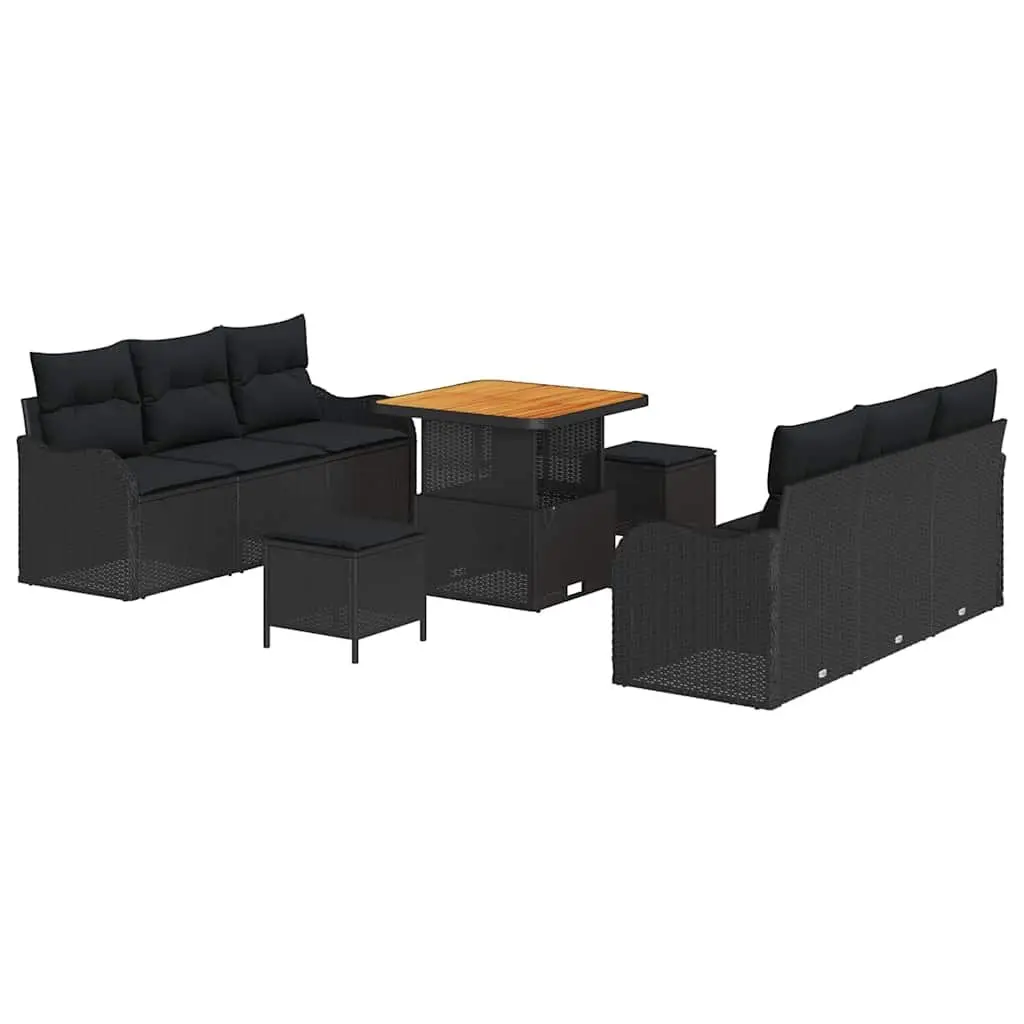 9-Piece Black Poly Rattan Garden Sofa Set with Acacia Wood