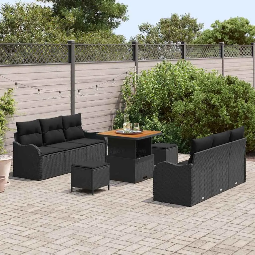 9-Piece Black Poly Rattan Garden Sofa Set with Acacia Wood