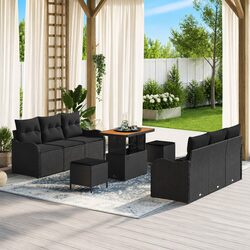 9-Piece Black Poly Rattan Garden Sofa Set with Cushions