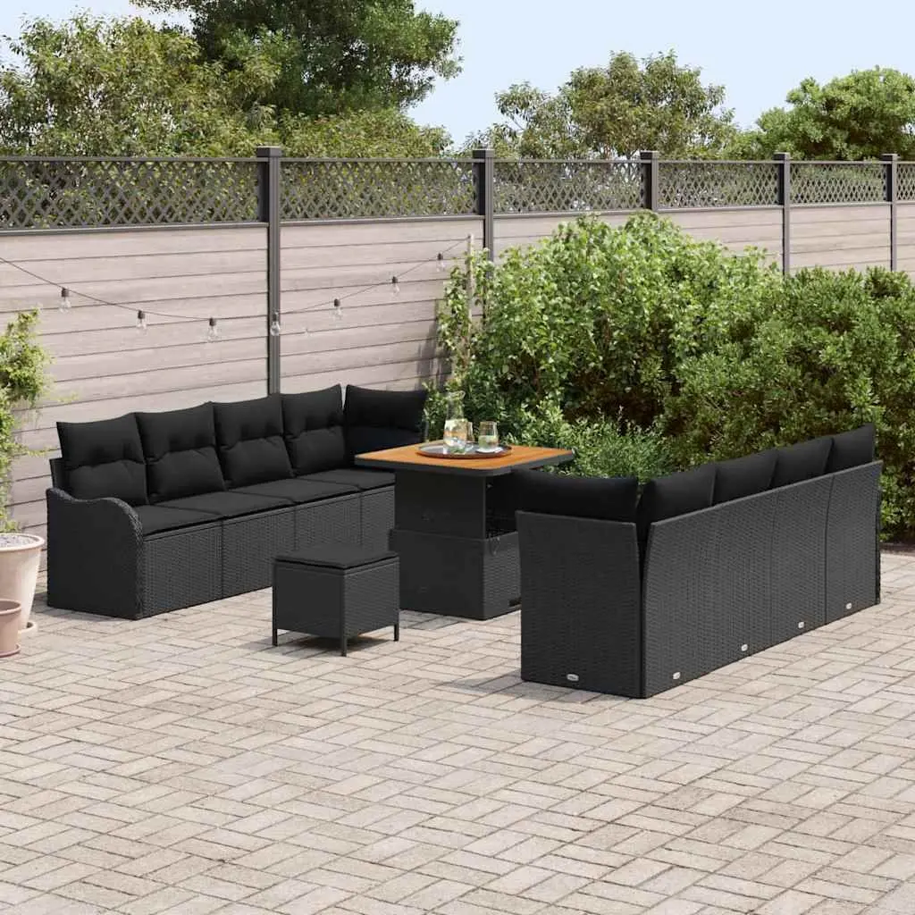 Garden Sofa Set Poly Rattan Acacia Wood Steel Legs Black 11 Pieces