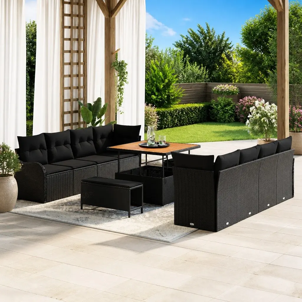 11pcs Modular Black Poly Rattan Garden Sofa Set